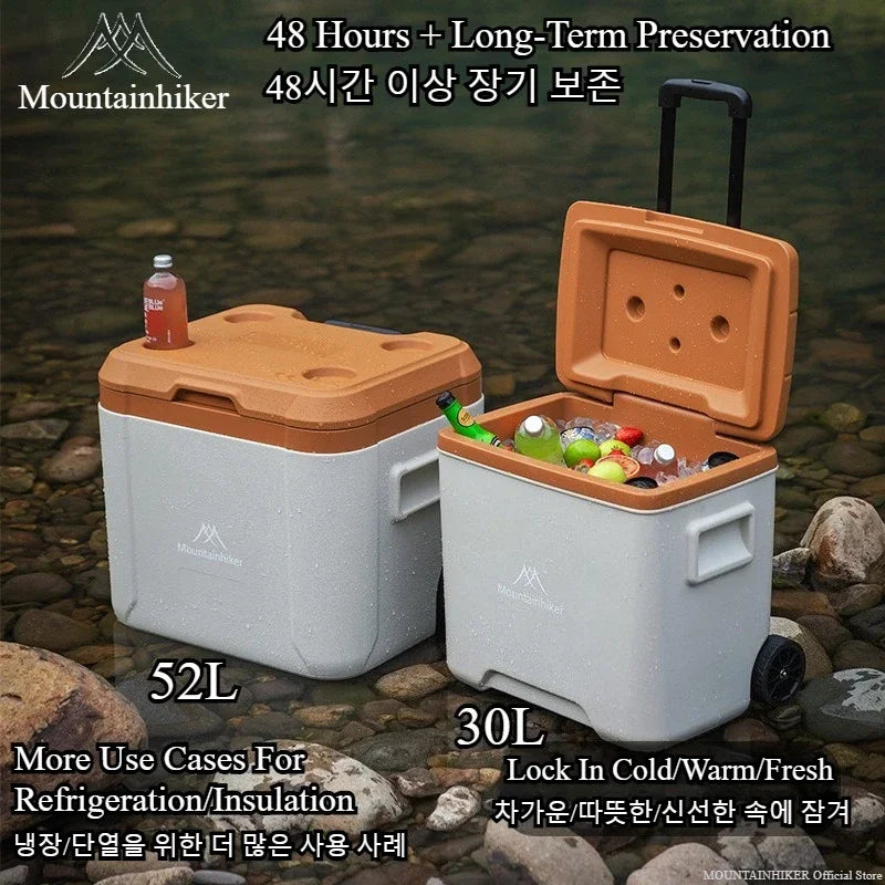 MOUNTAINHIKER 30L 52L Outdoor Refrigerator Fresh with Trolley Wheels Incubator Portable Warm Box BBQ Car Pulley Car Storage Box