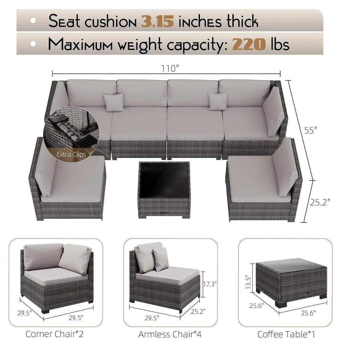 7 Pieces Outdoor Furniture Set, Wicker Furniture Patio Conversation Sets with Tea Table and Thickened Beige, Customized
