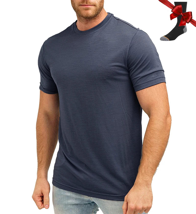 100% Superfine Merino Wool T Shirt Mens Base Layer Shirt Merino Wool Wicking Breathable Quick Dry Anti-Odor +Merino Wool Socks