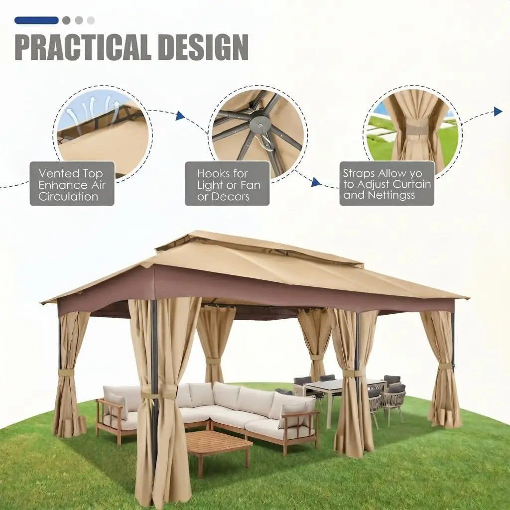 12x20 FT Outdoor Gazebo with Curtains, Heavy Duty Soft Top Canopy, Vented Double Roof, Powder-Coated Steel Metal Frame, Large Patio Backyard Deck Garden Pavilion Tent Shade, UV-Resistant Weather-Resistant Gazebo