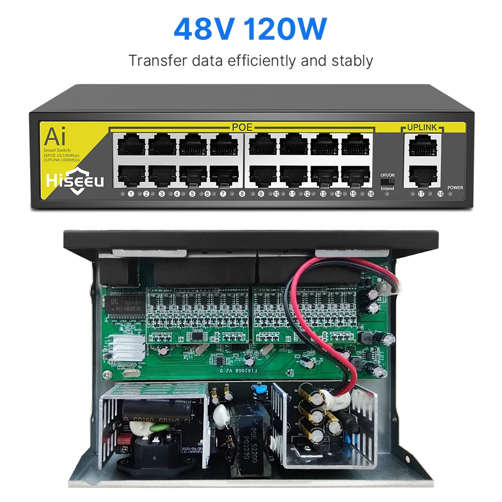Hiseeu 48V 8/16 Ports POE Switch Ethernet 10/100Mbps IEEE 802.3 af/at for IP Camera/CCTV Security Camera System/Wireless AP ft