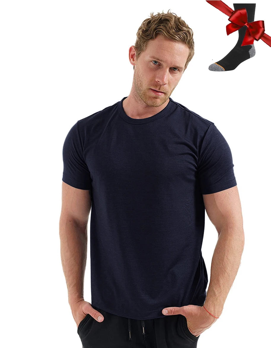 100% Superfine Merino Wool T Shirt Mens Base Layer Shirt Merino Wool Wicking Breathable Quick Dry Anti-Odor +Merino Wool Socks