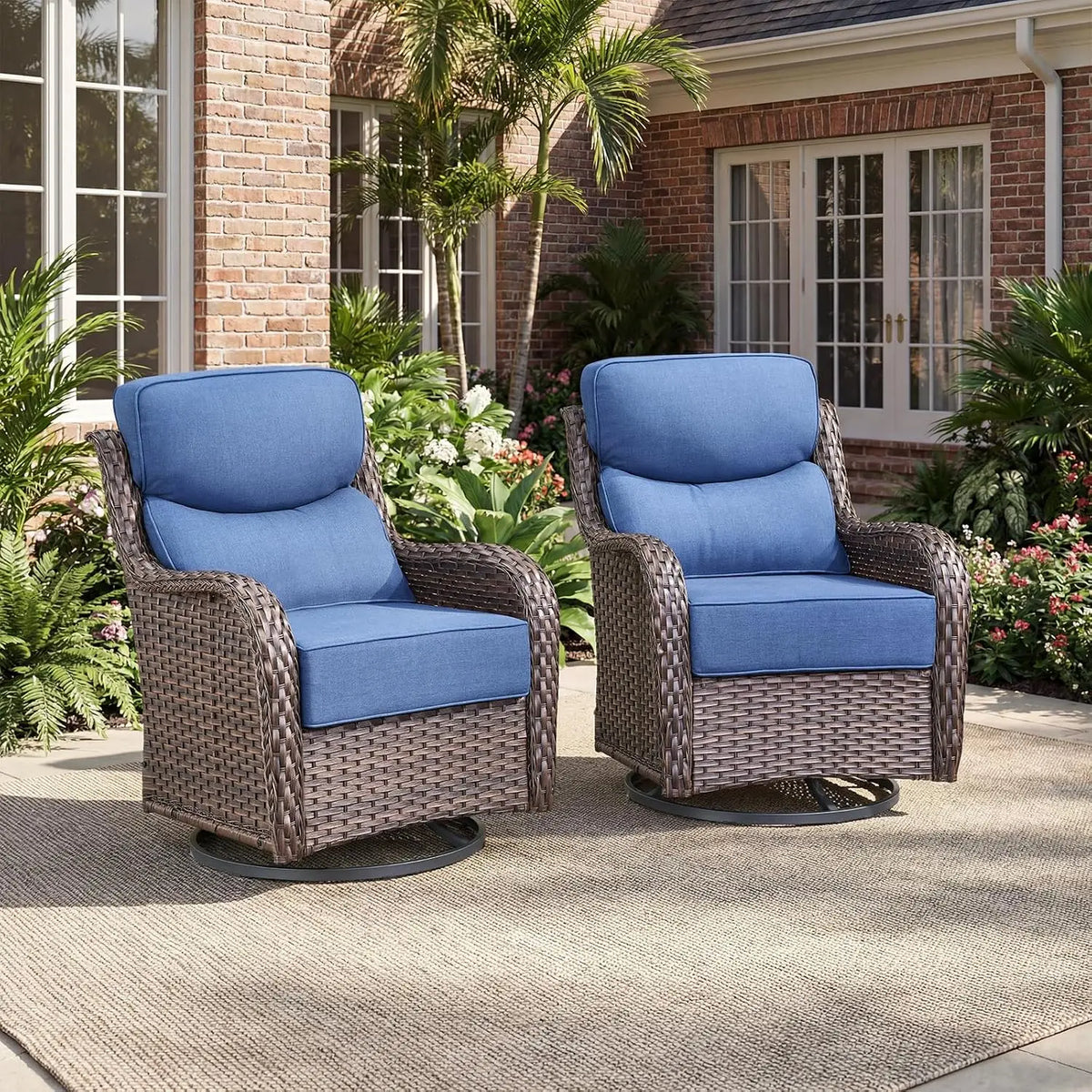 Outdoor Swivel Rocker Chairs - All Weather Resistant Wicker Patio Furniture Set of 2 with High Back and 6 inch Thick, Custom