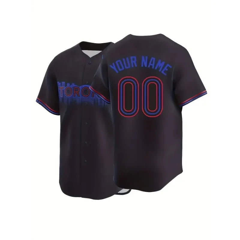 Customized Name And Number Men's Embroidery Baseball Jersey Toronto Black V-Neck Personalized Short Sleeve Button Down Shirts