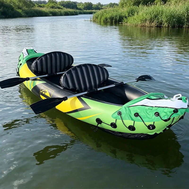 2 Person Inflatable Tandem Kayak  Portable Lightweight Inflatable Canoe Boat Complete Set for Outdoor Fishing Touring on Lake
