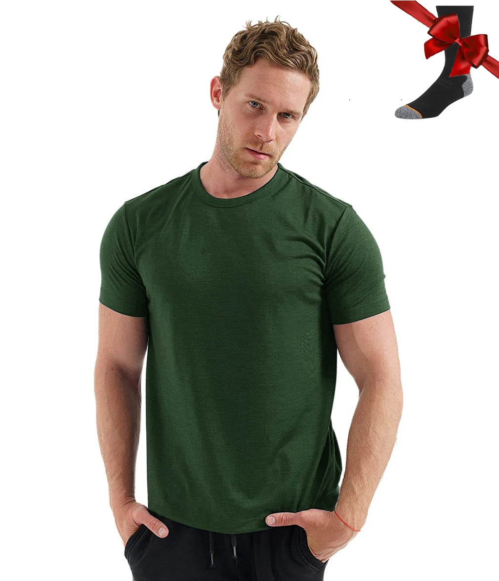 100% Superfine Merino Wool T Shirt Mens Base Layer Shirt Merino Wool Wicking Breathable Quick Dry Anti-Odor +Merino Wool Socks