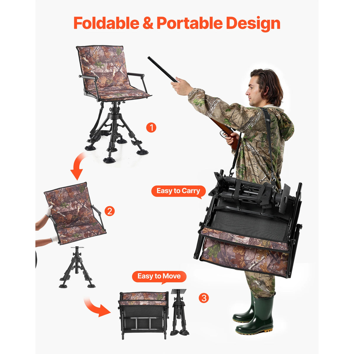 SucceBuy Hunting Chair 360° Silent Swivel Foldable Portable Blind Chair Heavy-Duty Steel Frame Ground Stool Seat for Camping