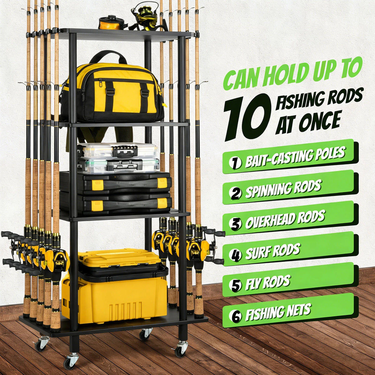 Iron Wood Combined Fishing Rod Storage Stand, Wheeled 10-Rod Fishing Pole Organizer Rack for Garage Tackle Storage