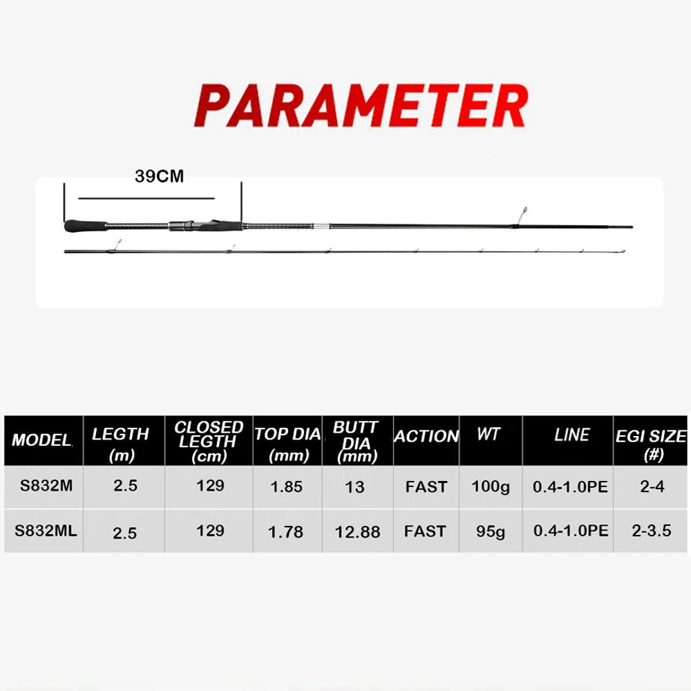 JOHNCOO High Carbon Egi Rod Squid Lure Rod Spinning Rod 832M/832ML Pe 0.4-1.0 Squid Size #2-4/#2-3.5 Super light and sensitive