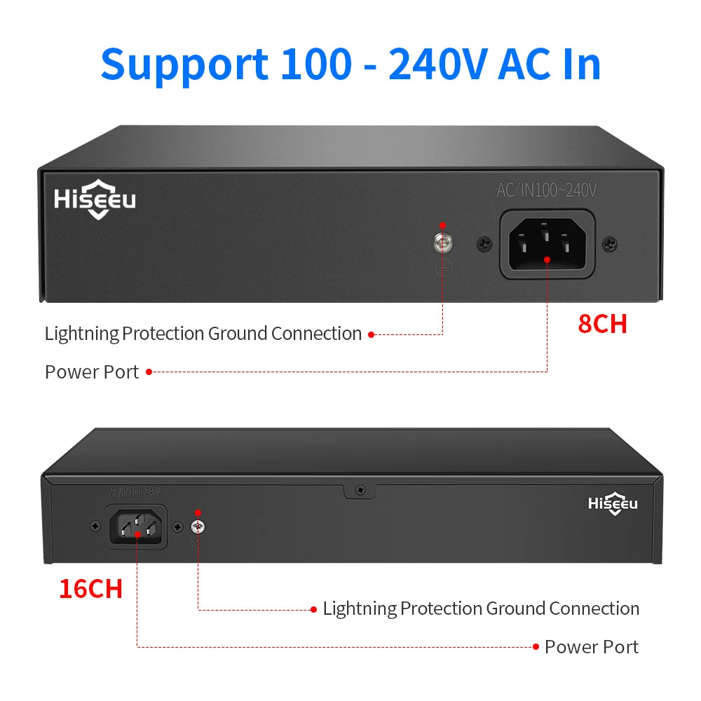 Hiseeu 48V 8/16 Ports POE Switch Ethernet 10/100Mbps IEEE 802.3 af/at for IP Camera/CCTV Security Camera System/Wireless AP ft