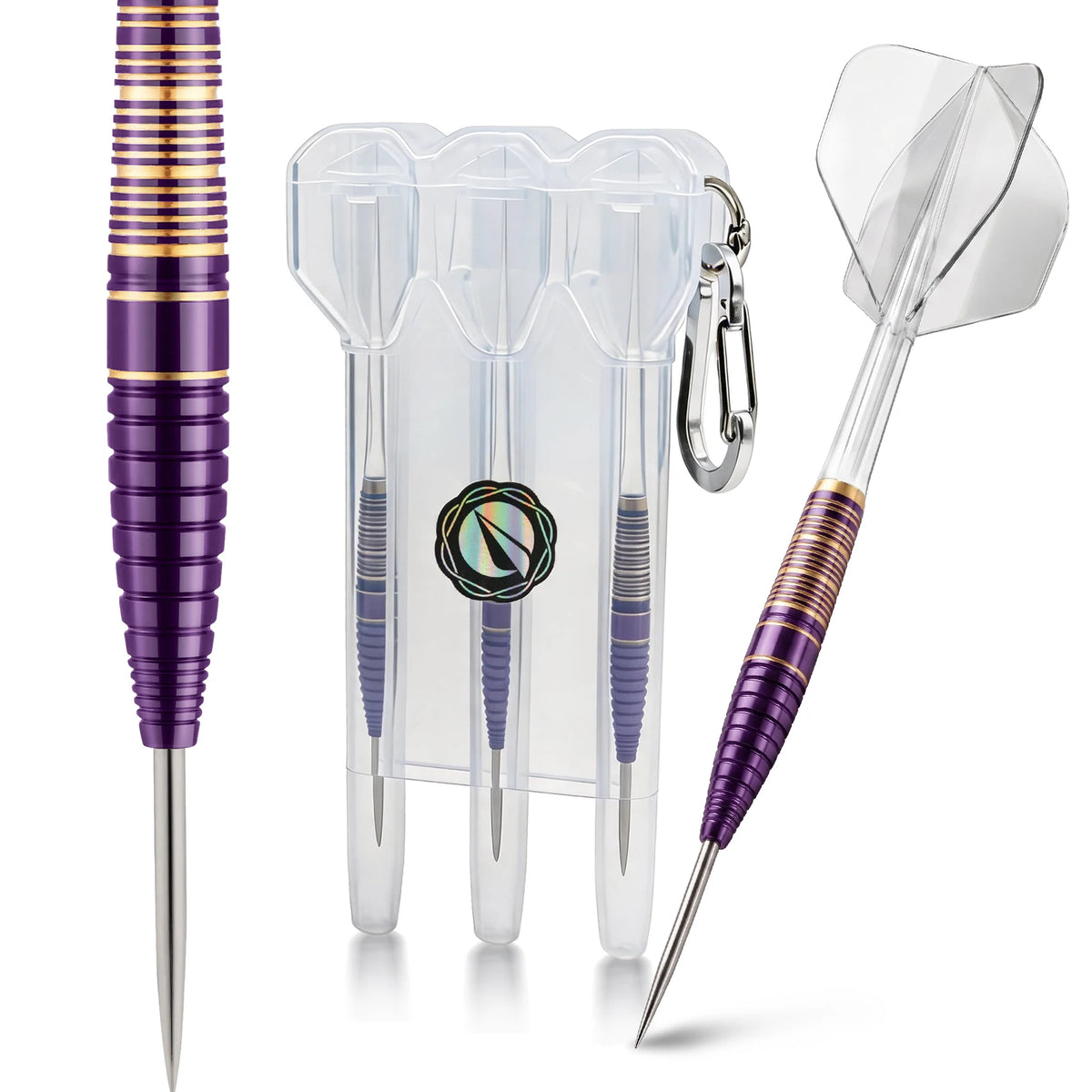 Professional Copper-Made Hard Dart Set, Purple and Gold Color Scheme, Dual Style Combination, Includes Spare Dart Shafts, Pet Dart Wing Storage Box, Suitable for Dart Board Training, Bar Entertainment, and Home Competition