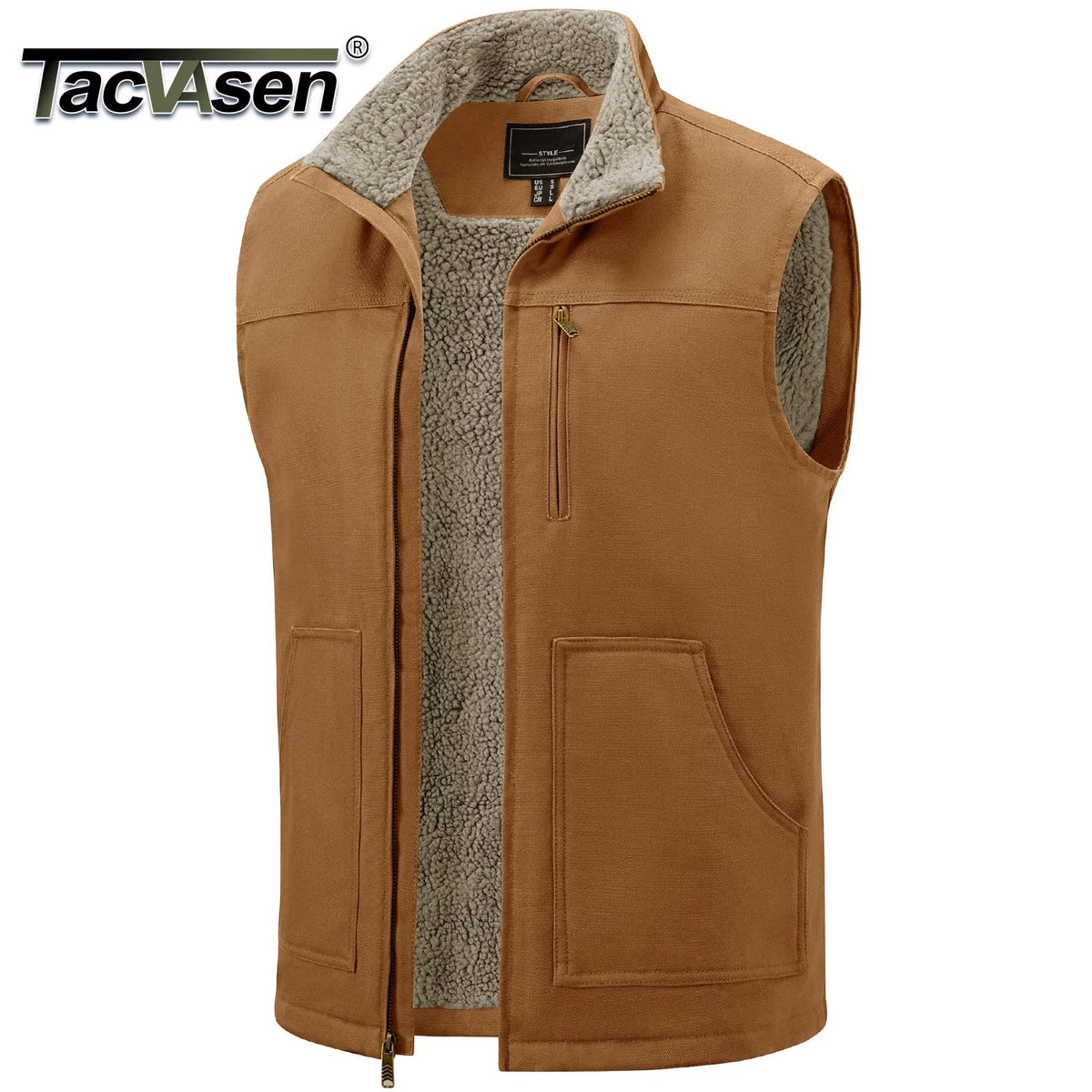 TACVASEN Mens Cotton Work Utility Winter Vest Canvas Waterproof Heavy Duty Coats Sherpa Fleece Sleeveless Jackets Windproof