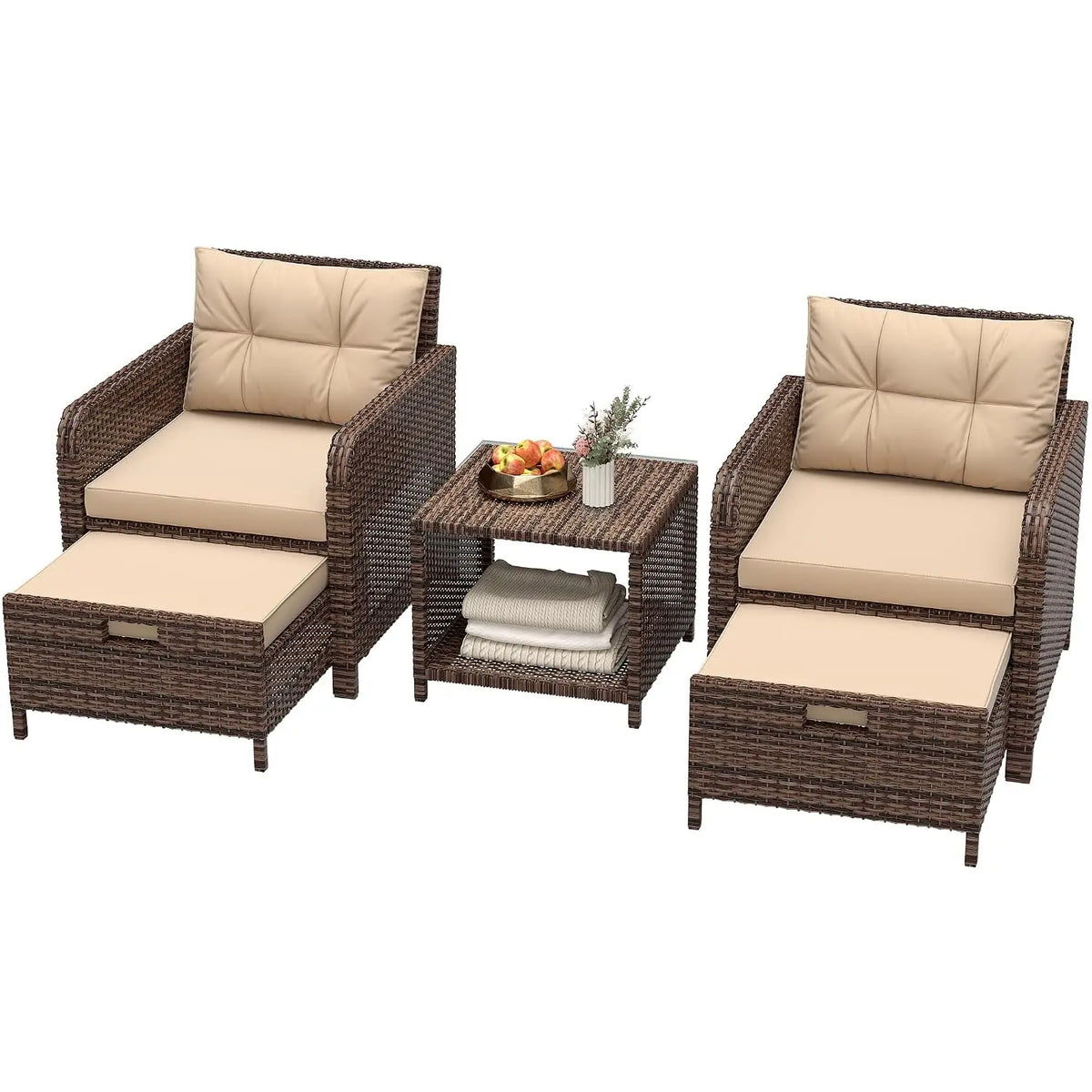 5 Piece Patio Furniture Set, PE Wicker Outdoor Furniture Set with Soft Cushions & Coffee Table, Outdoor Lounge Chairs, Custom