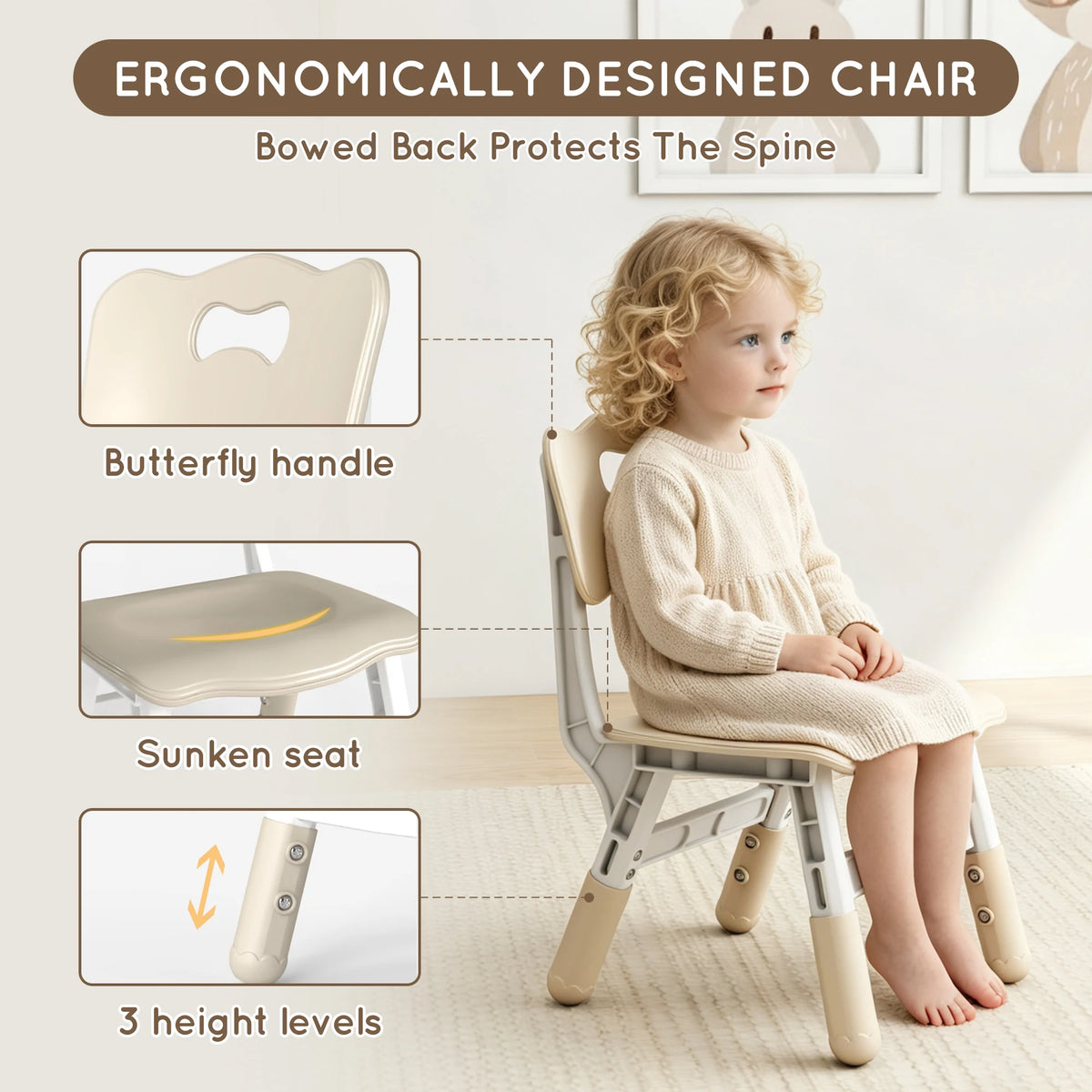 Kids Table and 2 Chairs Set, Height-Adjustable Toddler Table and Chairs Set with Doodle-Friendly Desktop, 23.6''L X 23.6''W Children Activity Table for Daycare, Classroom, Home