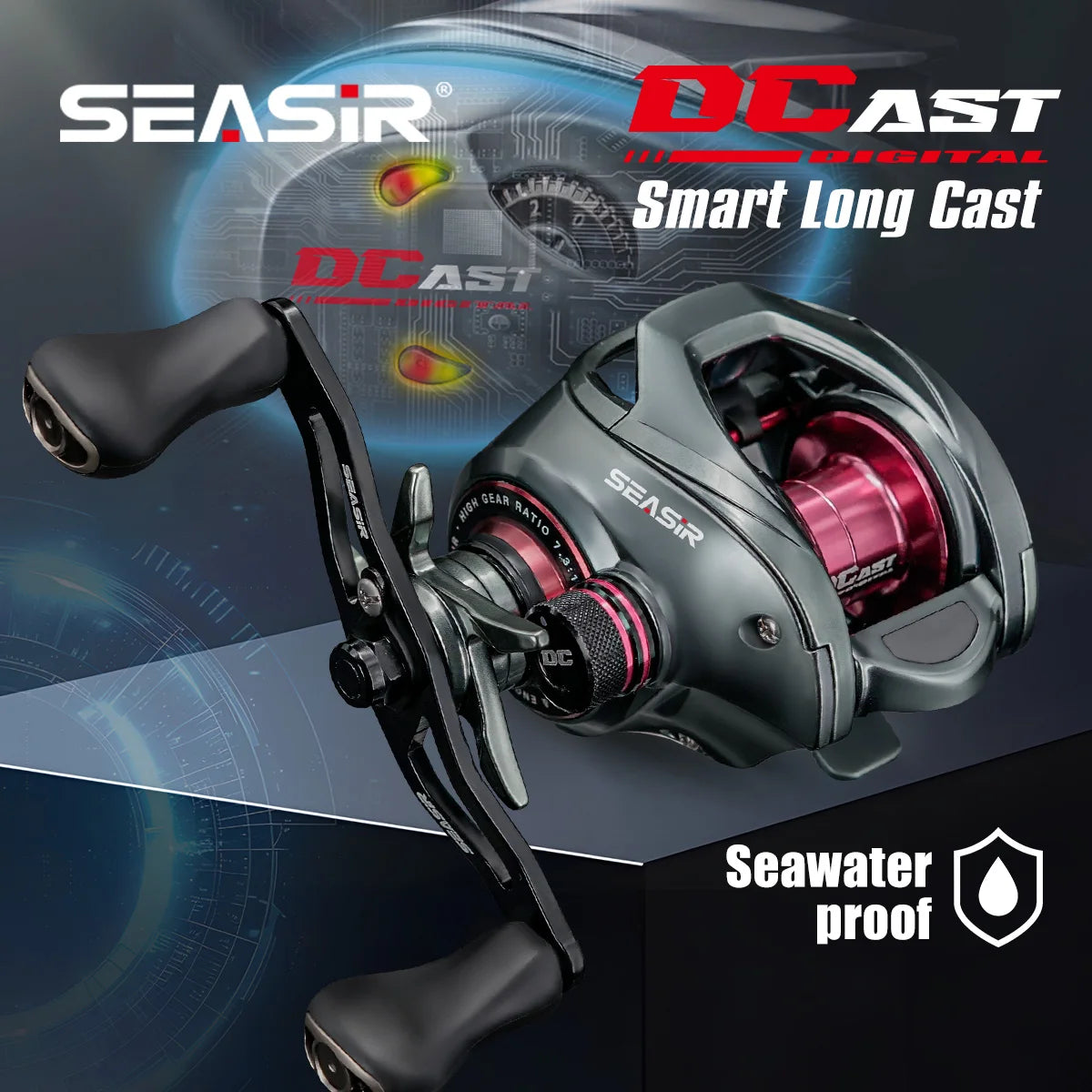 SEASIR DCAST DC Baitcasting Fishing Reel Digital Control Long Cast Carbon Washers Brass Gears 7.3:1 7+1BB Max Drag 8.5kg