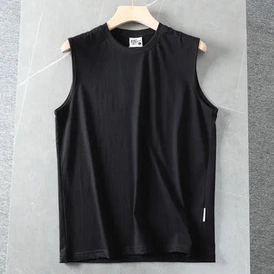 Summer New American Sleeveless O-neck Solid Color T-shirt Men's Fashion 100% Cotton Washed Casual Sports Fitness Basketball Vest
