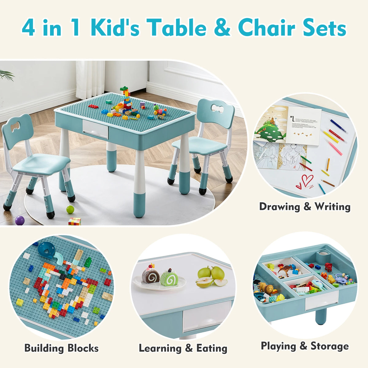 Kids 4 in 1 Table And 2 Chairs Set with Storage Toddler Desk And Chair Combo for Ages 3-10 Graffiti & Building Blocks Double-Sided Grayish Blue