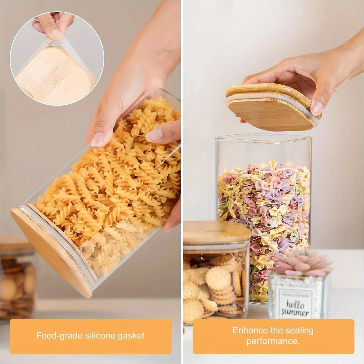 2/4 Pieces, 540Ml/1000Ml Glass Food Storage Jars with Bamboo Lids, Transparent Square Sealed Kitchen Storage Container Set, Stackable Glass Food Storage Jars, Suitable for Kitchen Countertops, Candy, Cookies, Rice, Grains