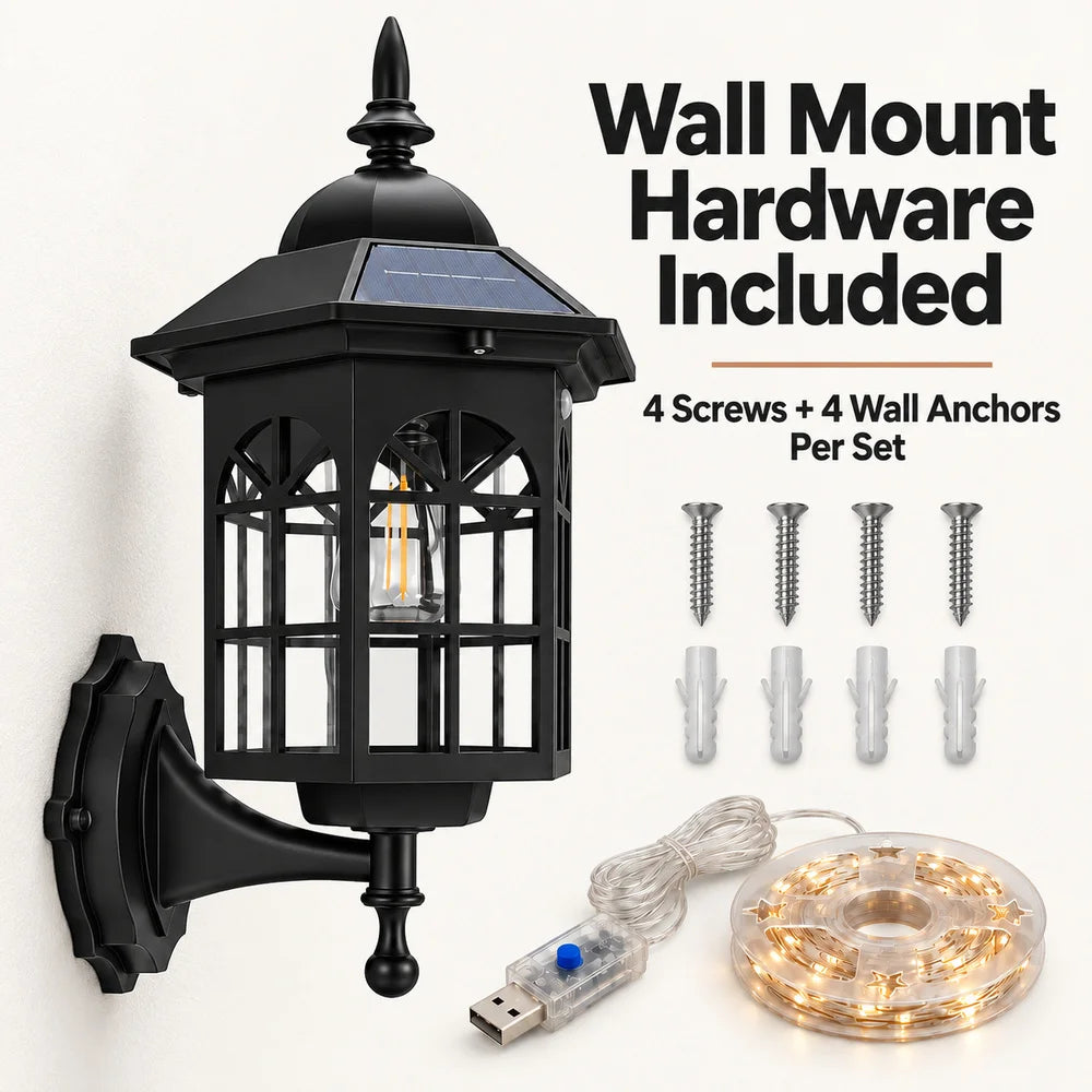 2 Pack Outdoor Solar Wall Lantern Lights With 1 USB LED Light Strip Decorative Wall Sconces Set For Front Porch Entryway Patio And Garden