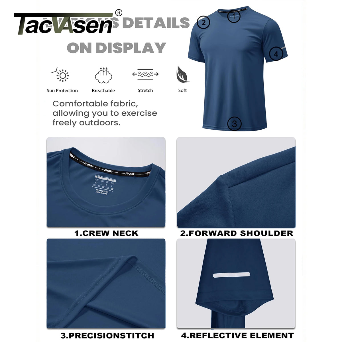 TACVASEN Wokrout Shirts Dry Fit Mens UPF 50+ Sun Protection T-Shirt Reflective Moisture Wicking Gym Shirts Casual Running Tops