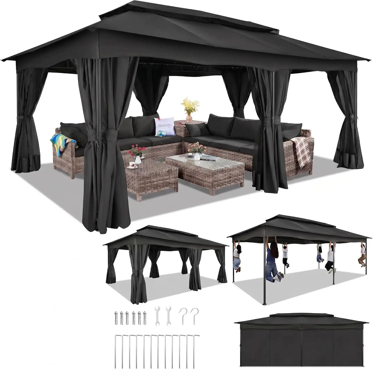 12x20 FT Outdoor Gazebo with Curtains, Heavy Duty Soft Top Canopy, Vented Double Roof, Powder-Coated Steel Metal Frame, Large Patio Backyard Deck Garden Pavilion Tent Shade, UV-Resistant Weather-Resistant Gazebo