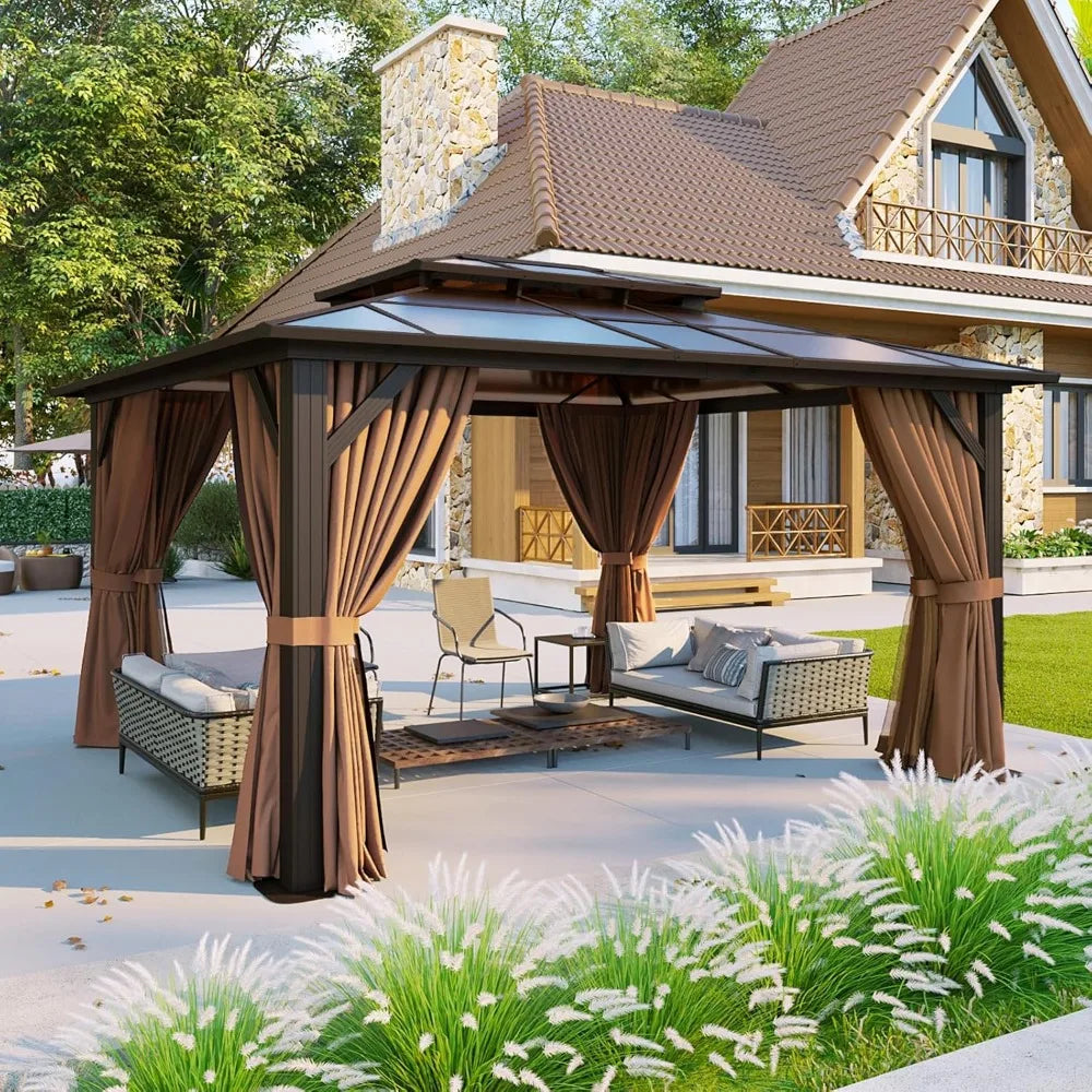 US SHIPPING 12ft x 10ft Brown Aluminum Hardtop Gazebo Permanent Pavilion with Polycarbonate Double Roof and Curtains Netting for