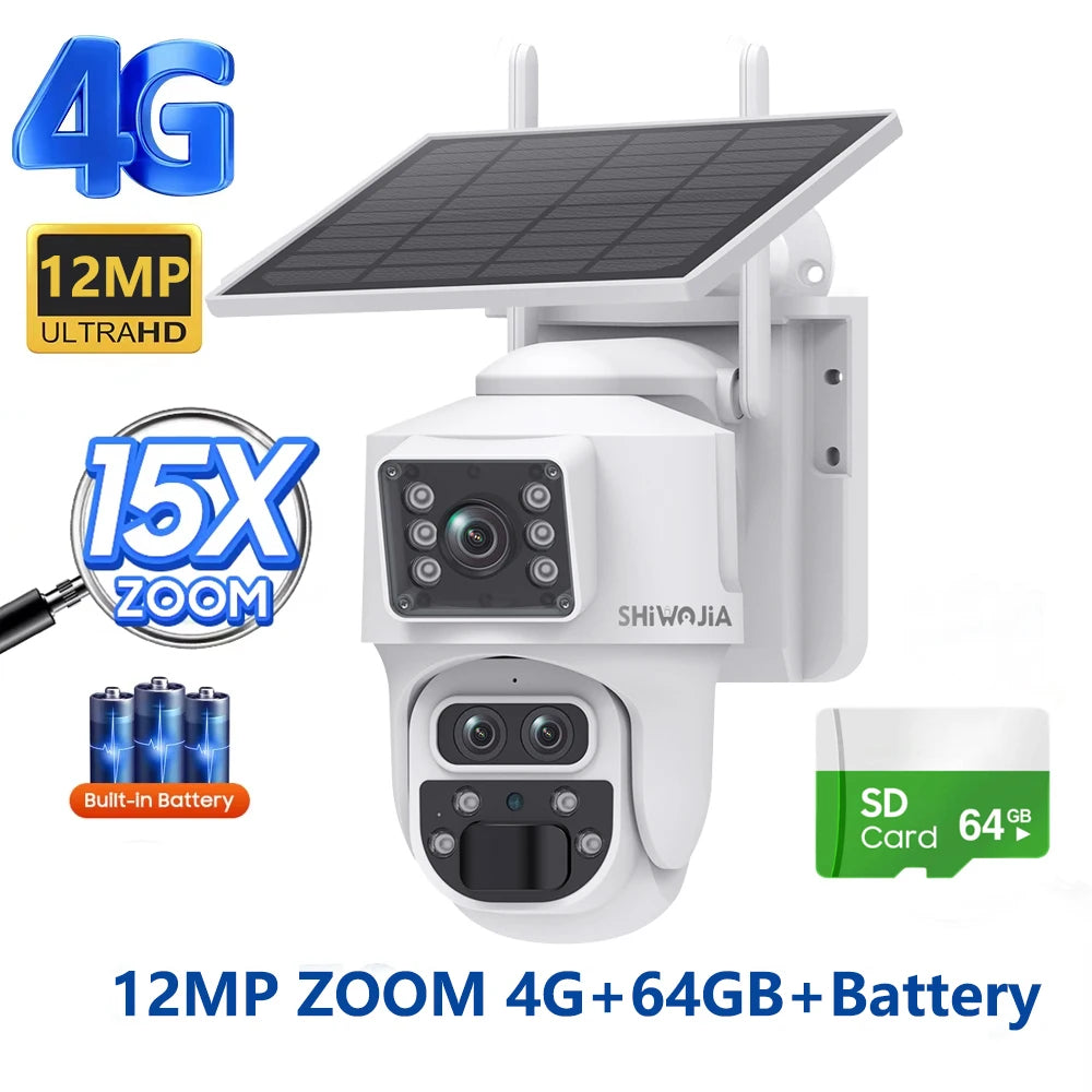 SHIWOJIA 15X ZOOM Solar Camera 4G 12MP Three Lens 360° View 5W Solar Panel Security Outdoor PTZ IP Camera 7800mAh Battery UBOX