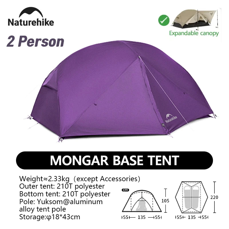 Naturehike Mongar 2 UL/PRO/Base Tent Camping 1-3 Person Tent Outdoor Travel 15D Waterproof Ultralight Backpacking Shelter Tent