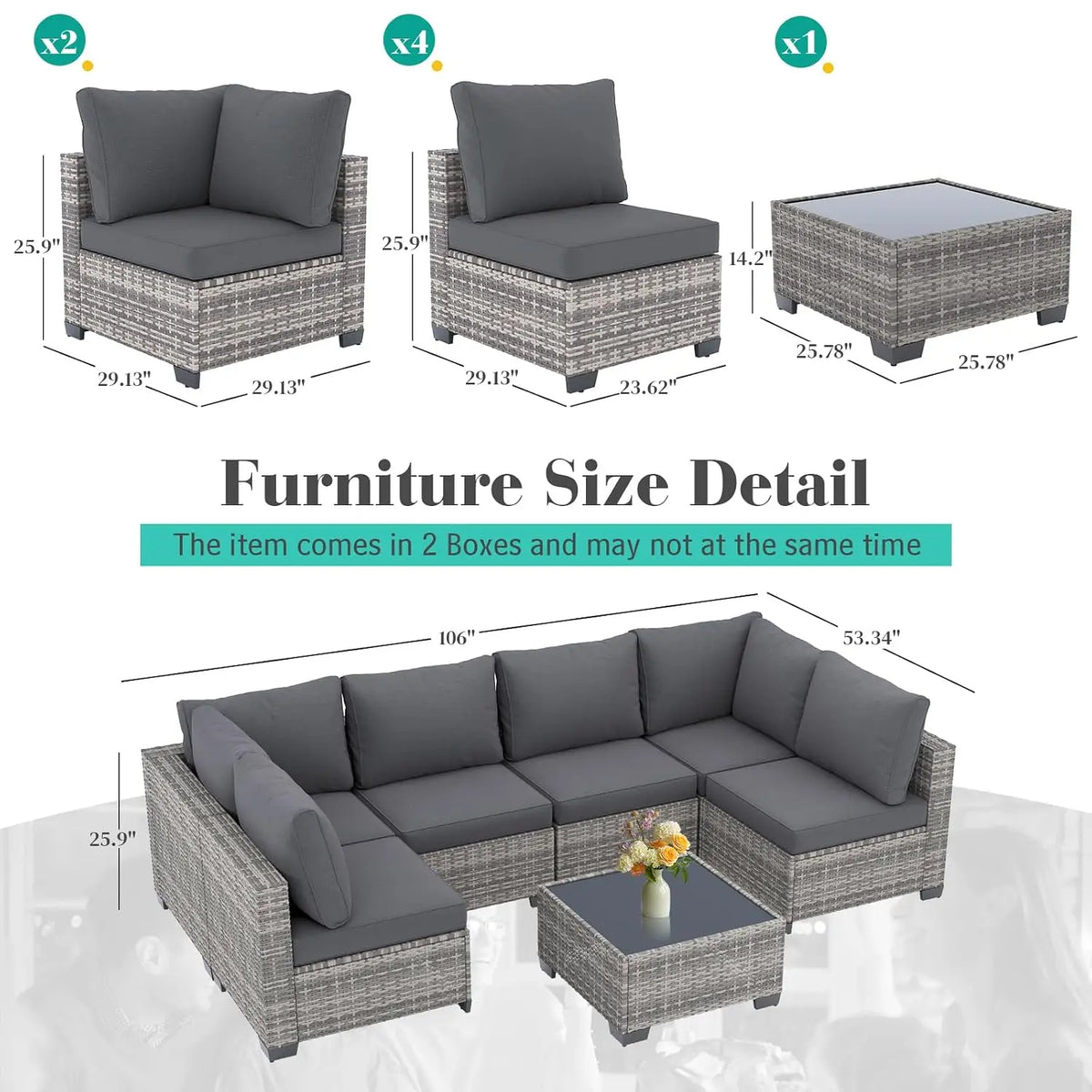 7 Pieces Outdoor Patio Furniture Set, All-Weather Sectional Sofa | Dark Grey Wicker Conversation Set with Glass, Customized