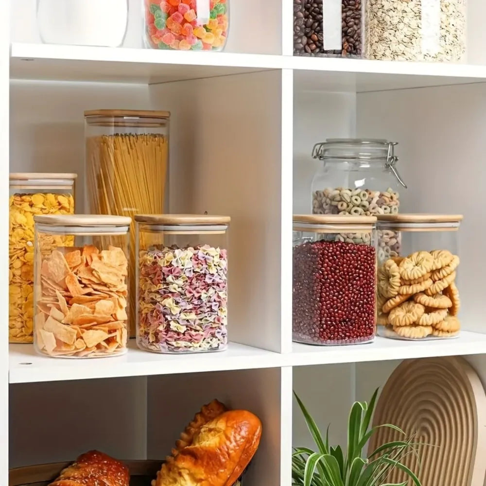 2/4 Pieces, 540Ml/1000Ml Glass Food Storage Jars with Bamboo Lids, Transparent Square Sealed Kitchen Storage Container Set, Stackable Glass Food Storage Jars, Suitable for Kitchen Countertops, Candy, Cookies, Rice, Grains
