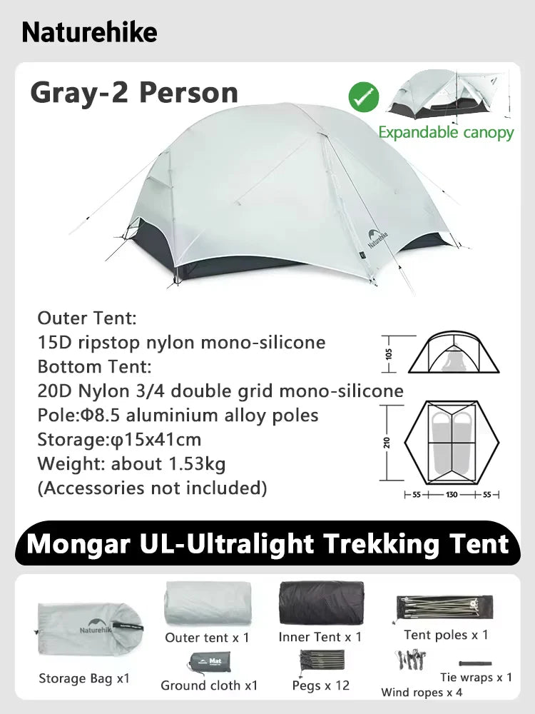 Naturehike Mongar 2 UL/PRO/Base Tent Camping 1-3 Person Tent Outdoor Travel 15D Waterproof Ultralight Backpacking Shelter Tent