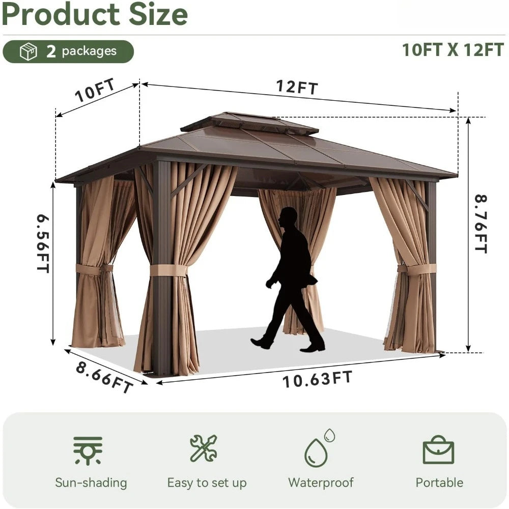 US SHIPPING 12ft x 10ft Brown Aluminum Hardtop Gazebo Permanent Pavilion with Polycarbonate Double Roof and Curtains Netting for