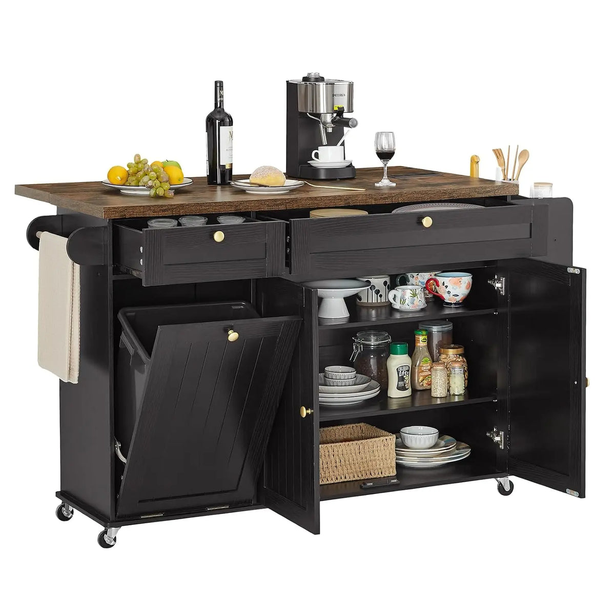 60" Kitchen Island with Trash Can Storage, Black+Rustic Brown | Kitchen Island Cart with Power Outlet & Drop Leaf, Customized