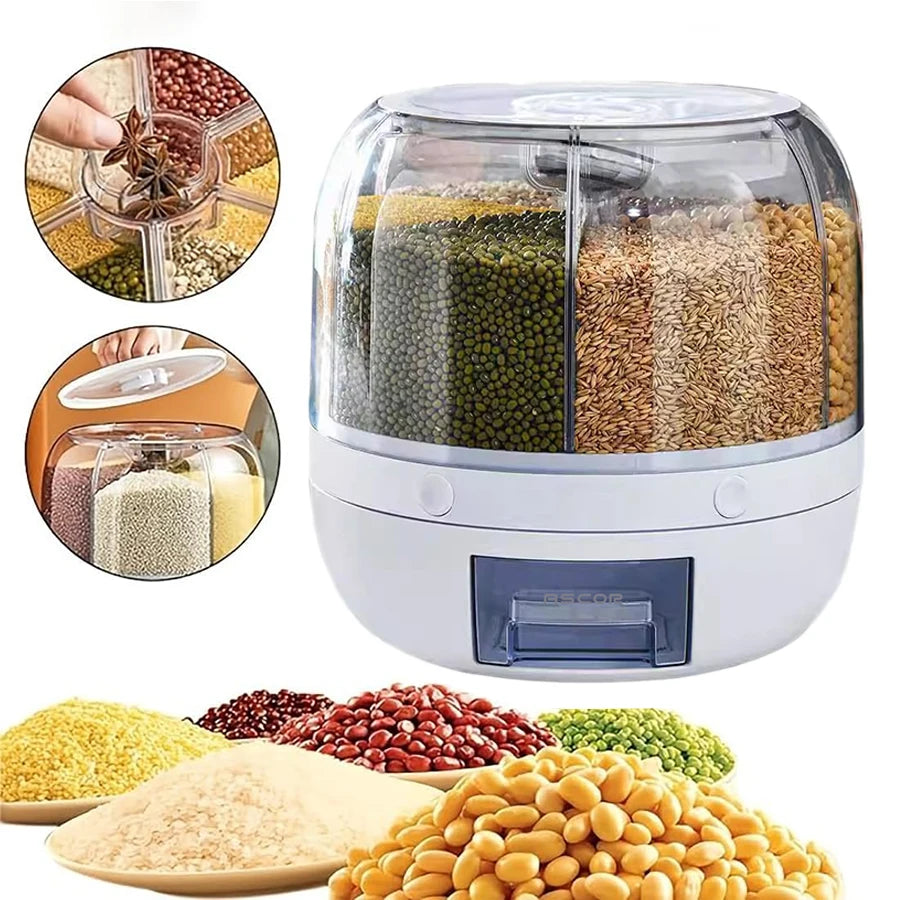360° Rotating 6-Grid Food Dispenser - Airtight Kitchen Storage Container for Grains, Cereal & Dry Goods