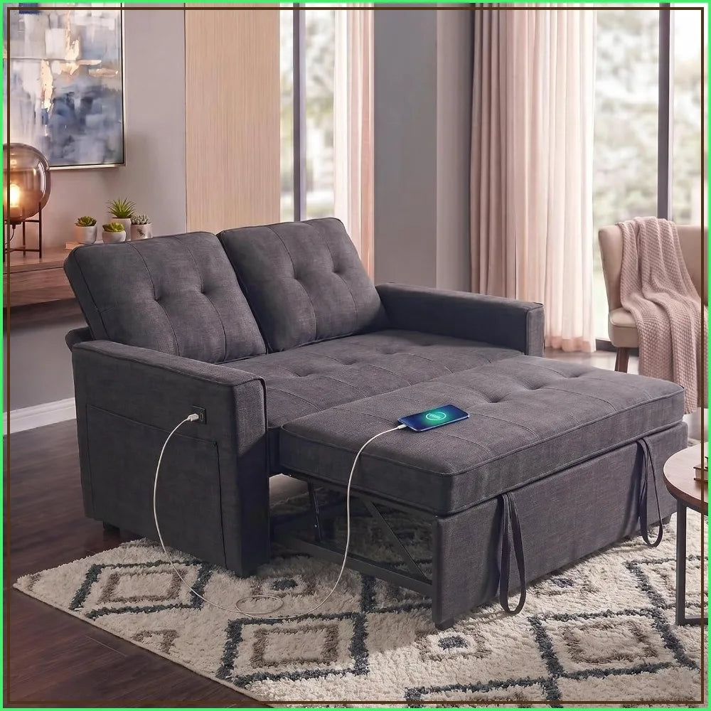 53" Convertible Sofa Bed USB Port & Storage Pockets, Reclining Backrest Small Spaces, Living Room