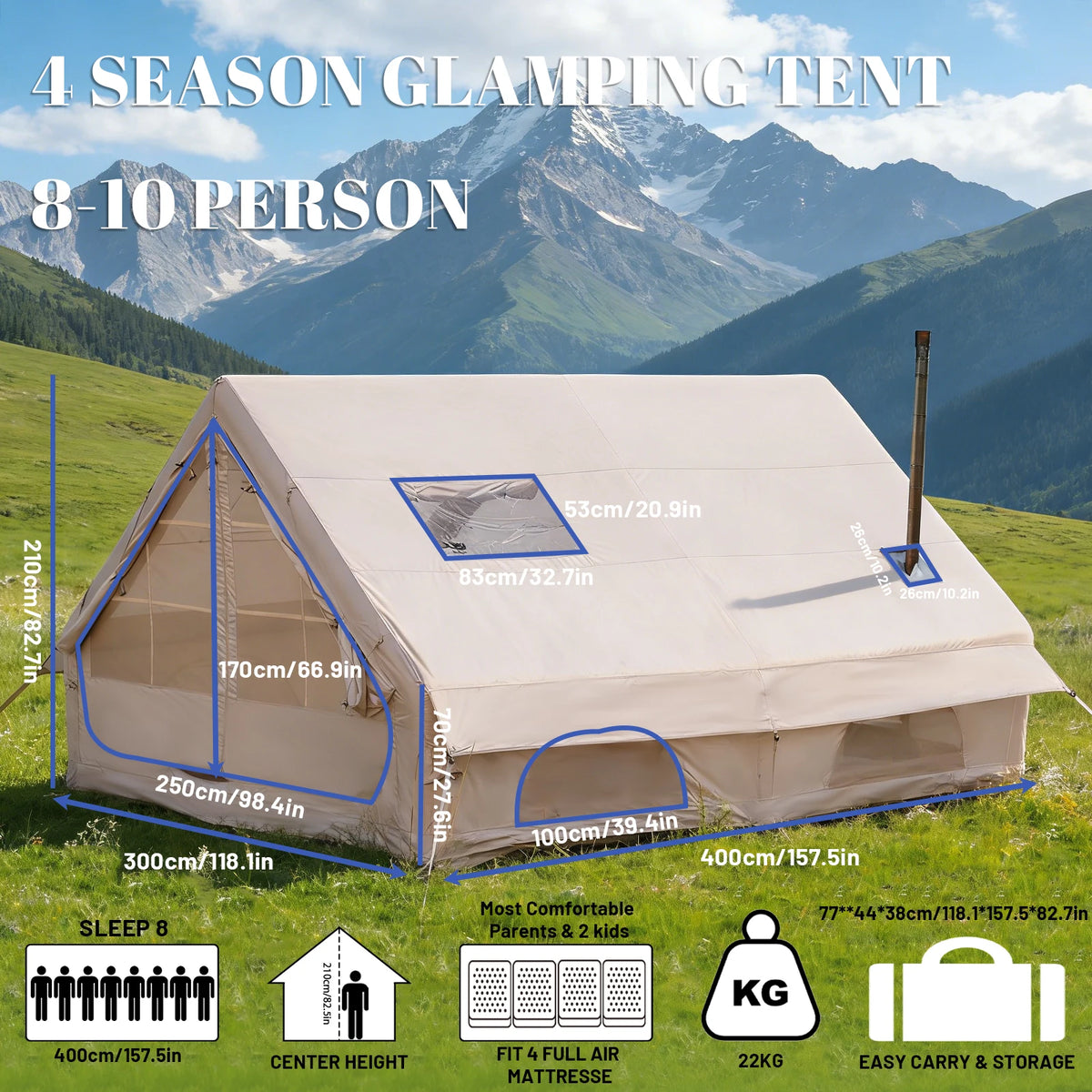 PAKICETUS Inflatable Camping Tent for 4-8 People, Breathable Mesh Windows Luxury Air Cabin Tent, UV Protection Quick Setup Outdoor Shelter for Hiking, Picnic, Backyard & Road Travel
