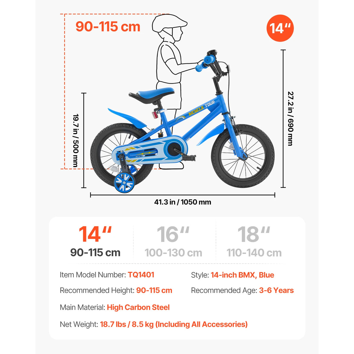 SucceBuy 14/16/18in Kids Bike BMX Style Children Bicycle with Training Wheels Toddler Bike for Boys & Girls Learning to Ride