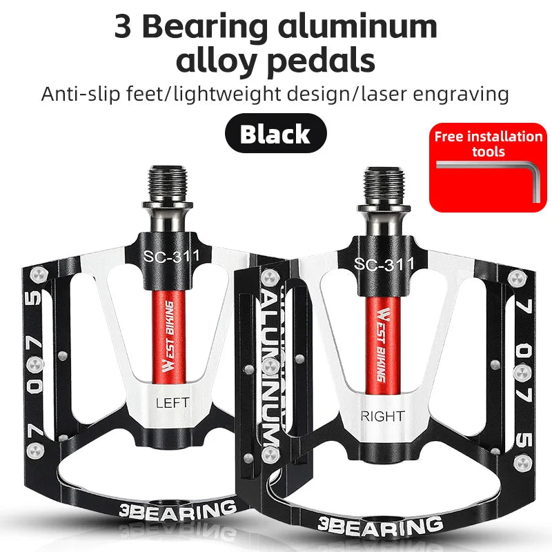 WEST BIKING Local Shipping 3 Bearing Bicycle Pedal CNC Aluminum Alloy Anti Slip MTB Road Bike Pedal Widen Pedals Profession Bike Accessories