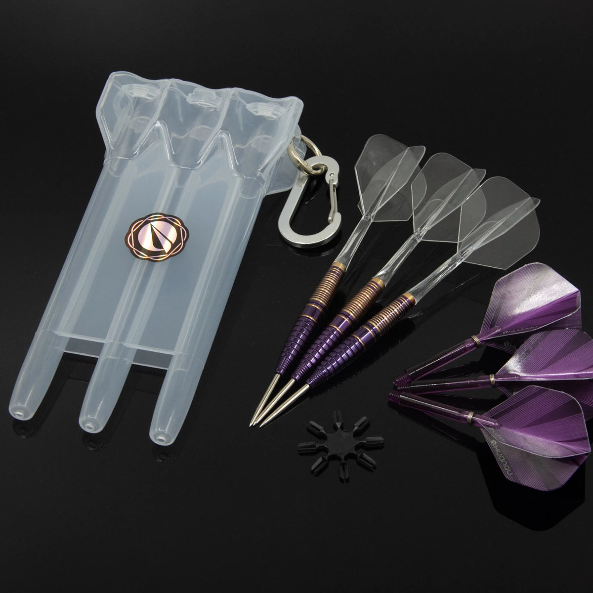 Professional Copper-Made Hard Dart Set, Purple and Gold Color Scheme, Dual Style Combination, Includes Spare Dart Shafts, Pet Dart Wing Storage Box, Suitable for Dart Board Training, Bar Entertainment, and Home Competition