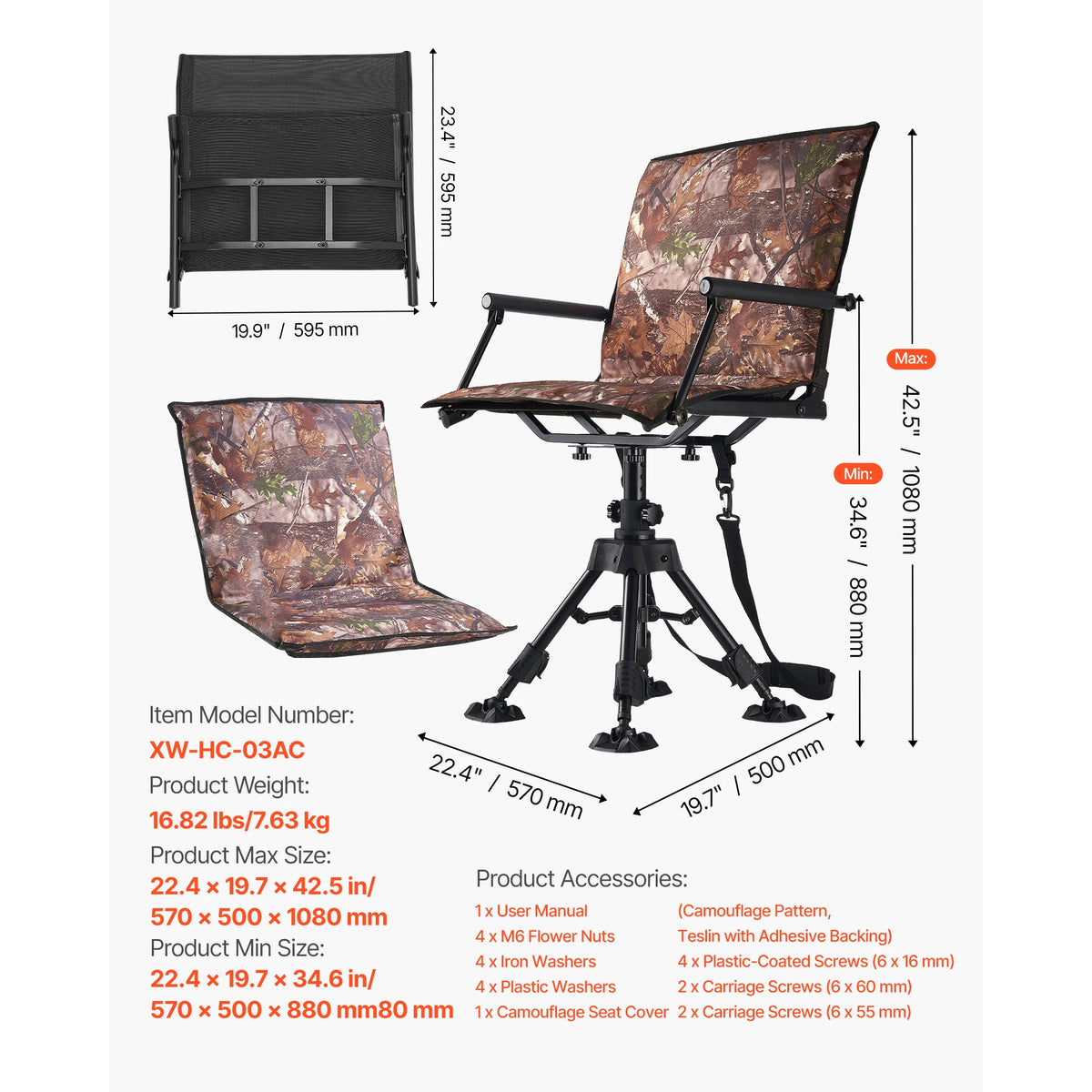 SucceBuy Hunting Chair 360° Silent Swivel Foldable Portable Blind Chair Heavy-Duty Steel Frame Ground Stool Seat for Camping
