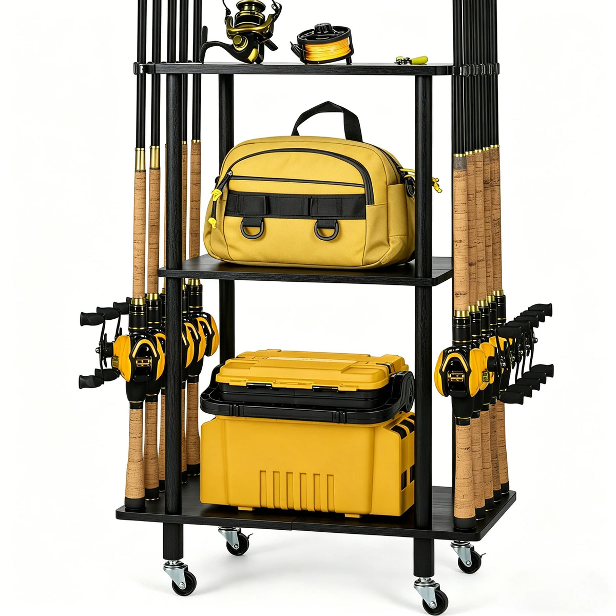 Iron Wood Combined Fishing Rod Storage Stand, Wheeled 10-Rod Fishing Pole Organizer Rack for Garage Tackle Storage