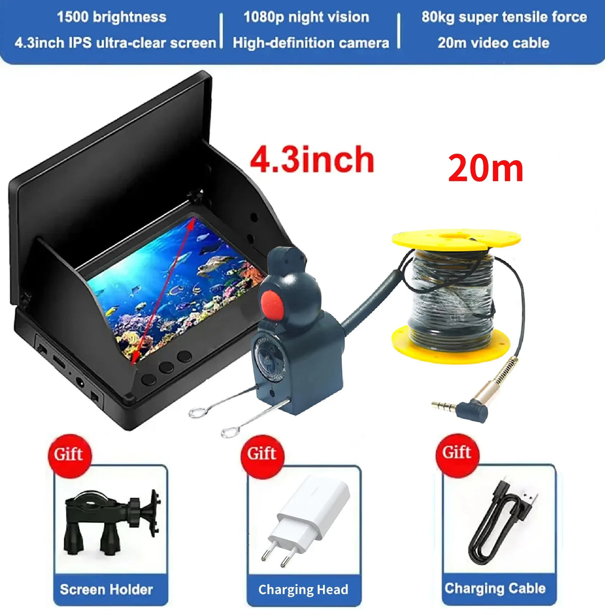 Portable Fish Depth Finder Water Handheld 1080P 4.3 Inch LCD Fish Finder Underwater 220° Fishing Camera With Night Vision
