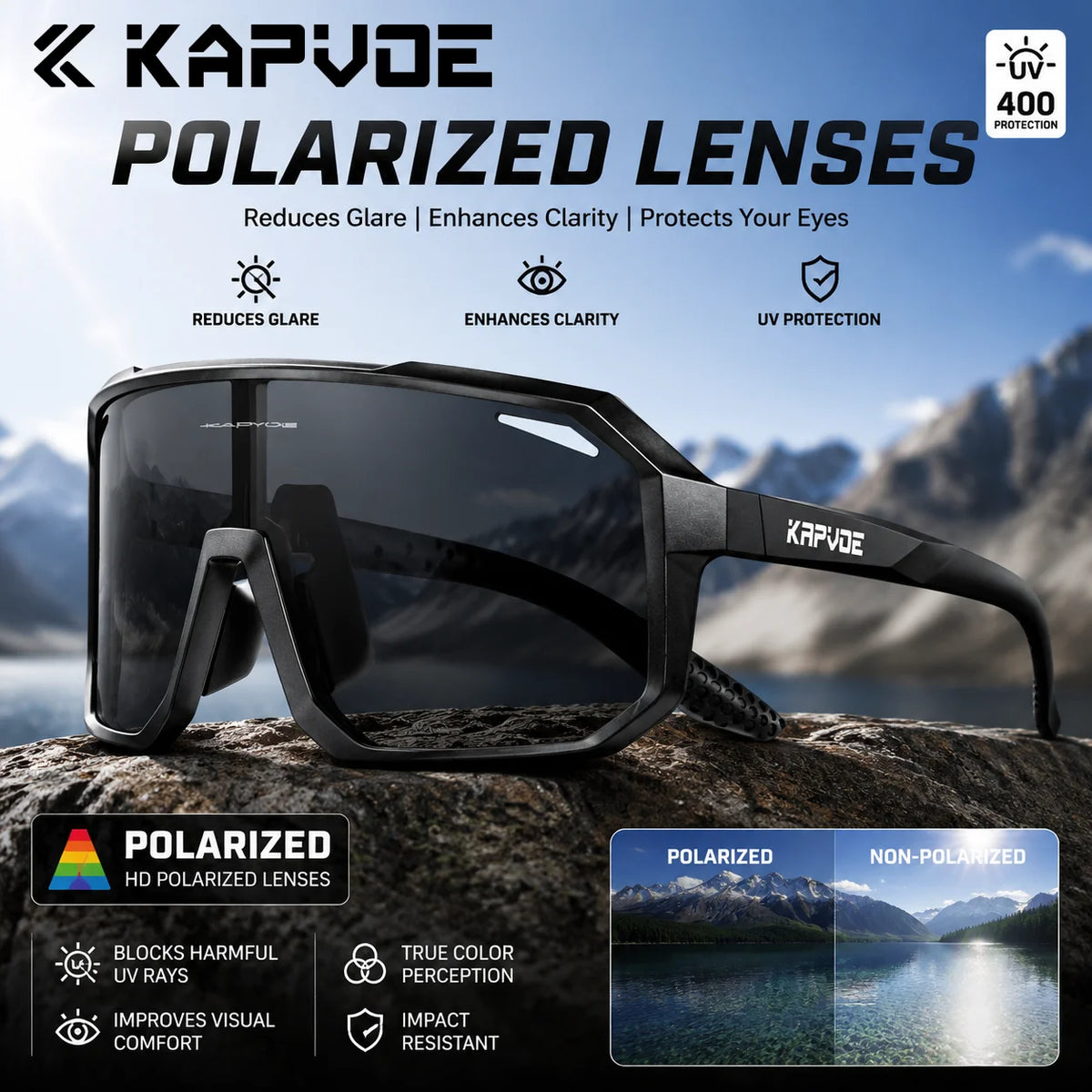 Kapvoe Polarized Cycling Glasses New Outdoor Sunglasses for Men Hiking Eyewear MTB Bike Bicycle Women Professional Windproof UV400 Fishing Glasses