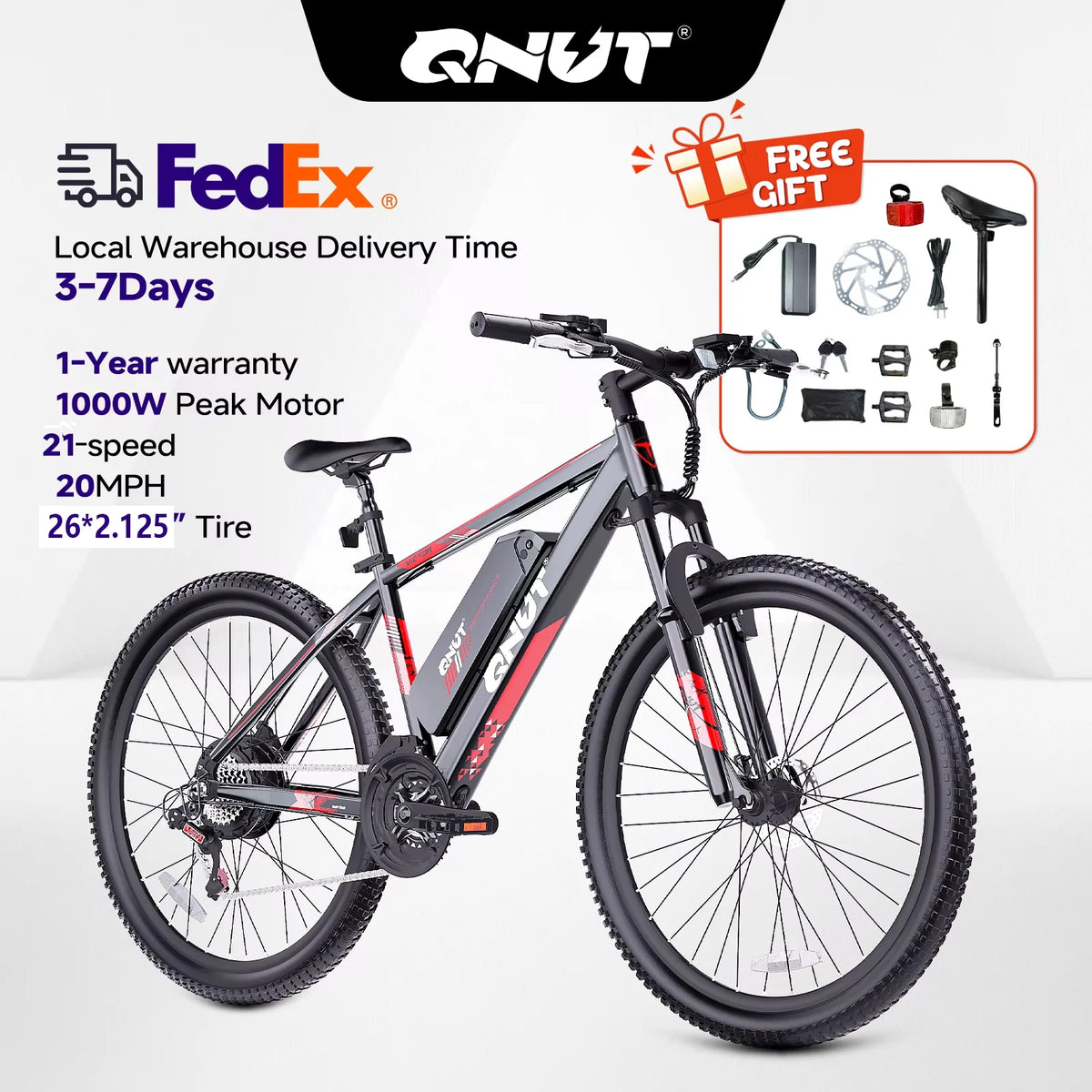 QNUT Victor3.0 Mountain Electric Bicycle 1000W Peak Motor 36V 10.4AH Electric Bike 26' Tire All-Terrain Ebike Urban Off-Road Commuter Adult E-Bike