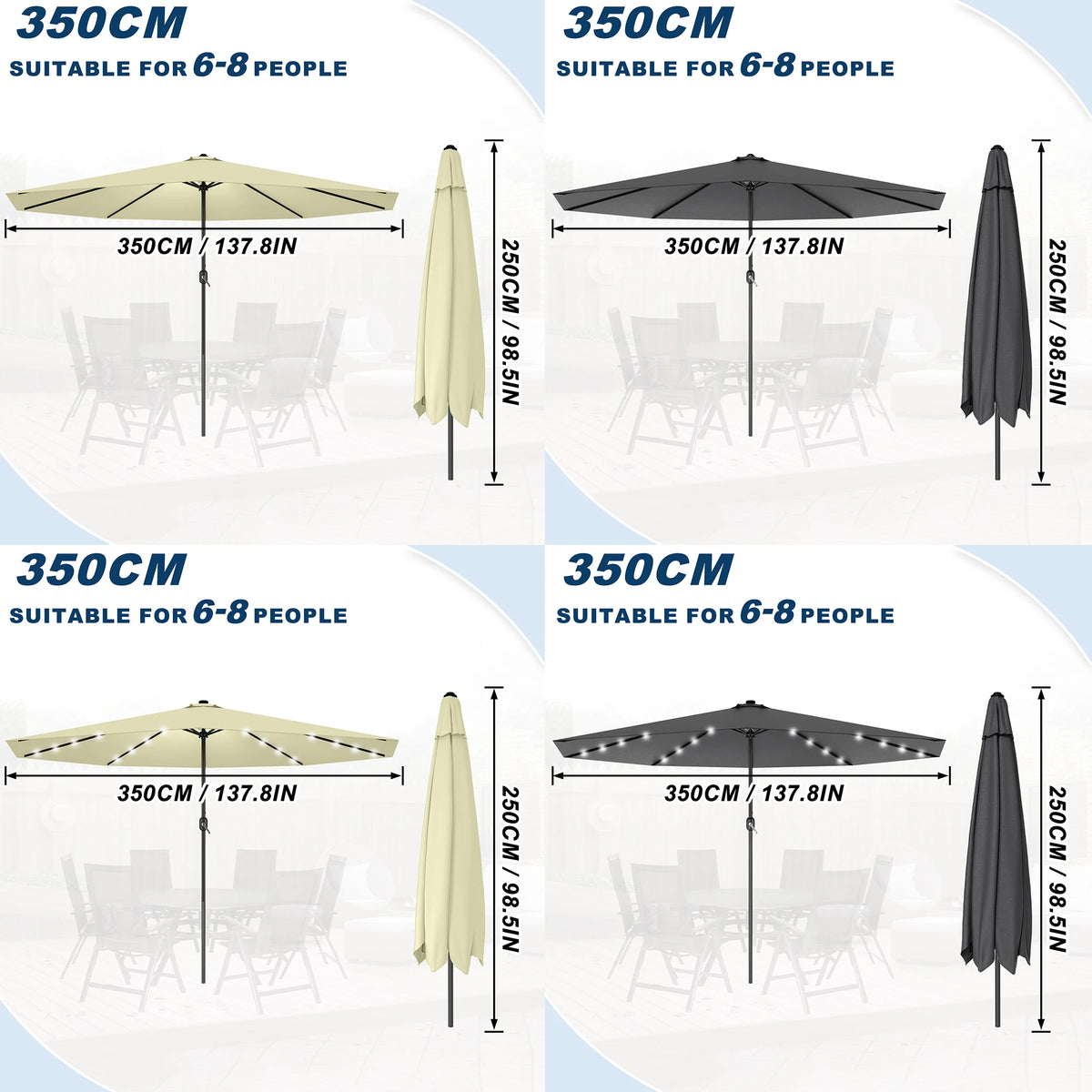 Ø350cm Polyester Parasol, Crank Umbrella Patio Umbrella, Balcony Umbrella UV 50+ Protection, Outdoor Sun Protection for Balcony, Patio & Garden