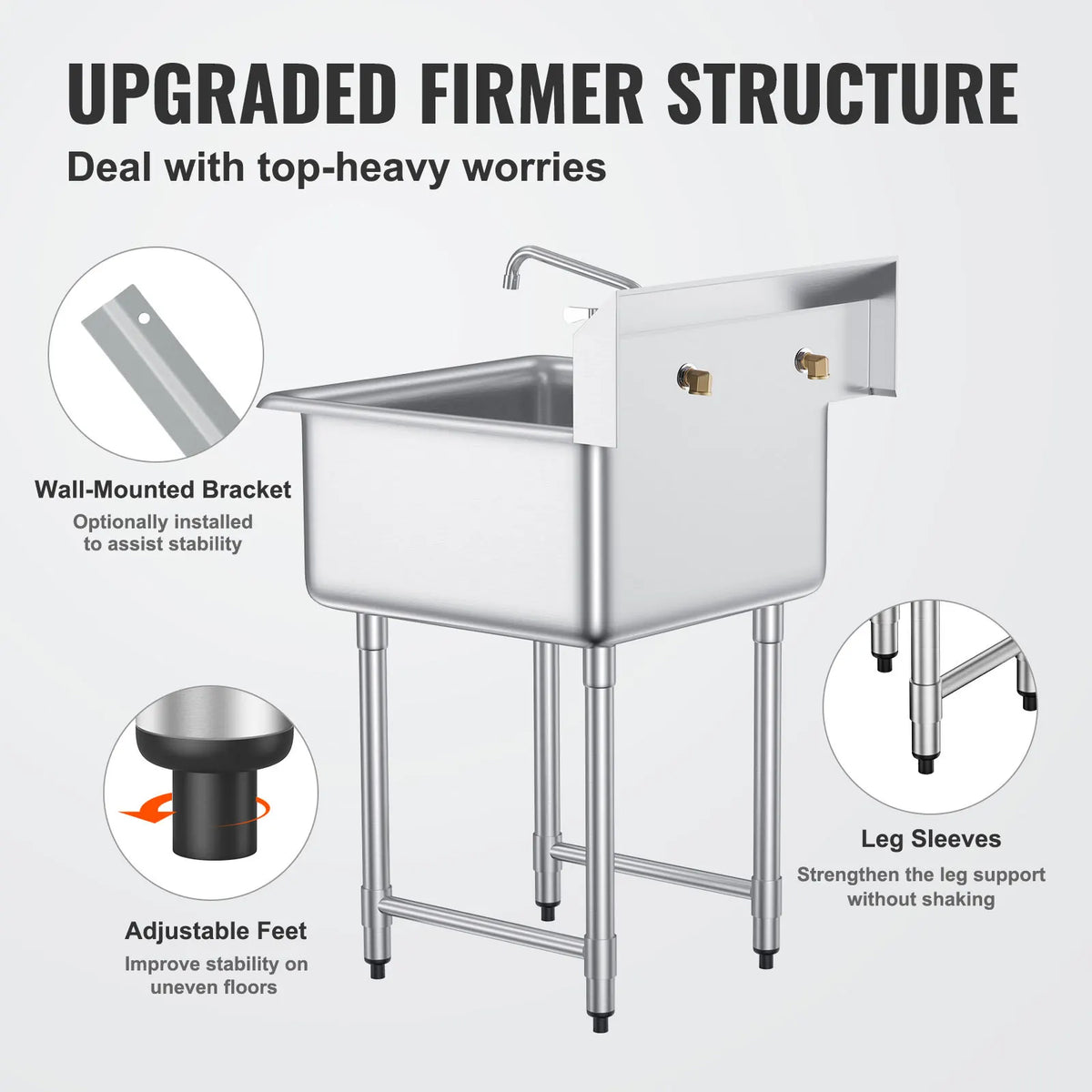 SucceBuy Stainless Steel Kitchen Prep & Utility Sink 1 Compartment Restaurant Commercial Steel Sink w/Faucet for Restaurant Home