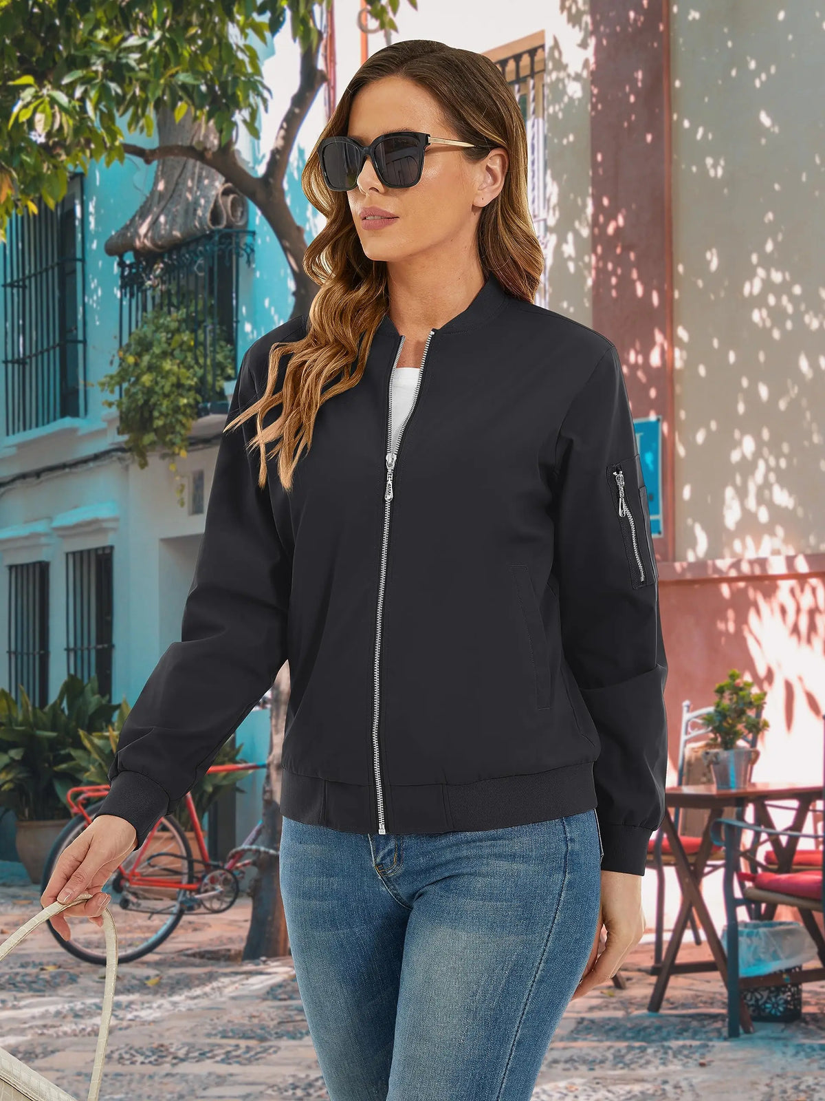 TACVASEN Casual Pilot Jackets Womens Biker  Jacket with 4 Pockets Spring Windbreaker Streetwear Ladies Outwear Work Coats