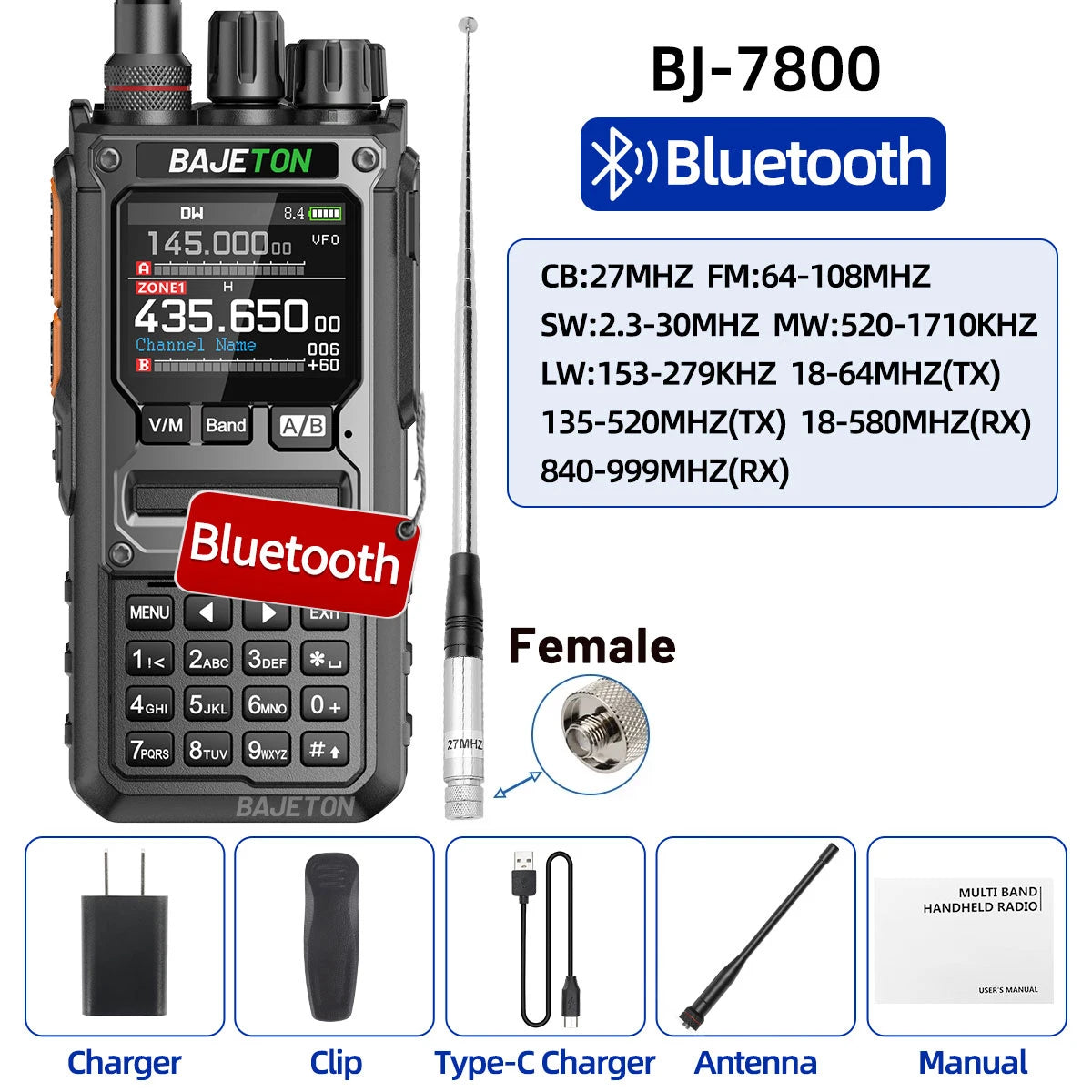 BAJETON BJ-7800 Walkie Talkie NOAA SW MW LW AM SSB CB 10W Receive Wireless Bluetooth Phone Programming for RT-920 Two Way Radio