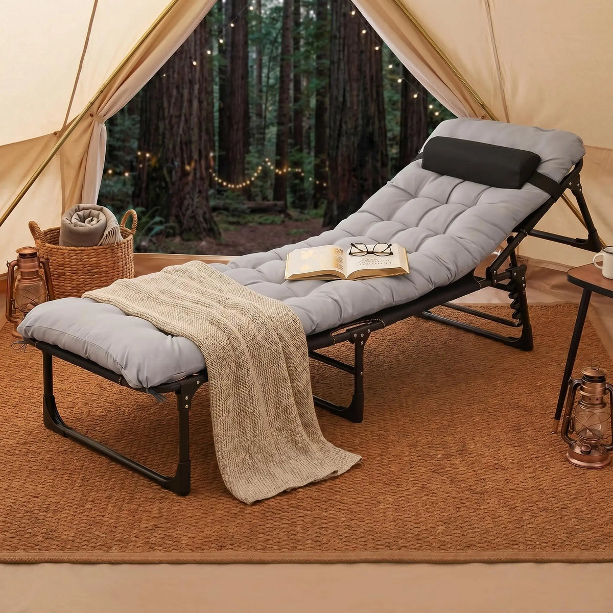 170-200CM Outdoor Lounge Chair Heavy-Duty Tri-Fold Camping Cot for Adults Wide Folding Camp Bed with Removable Mattress Pad Pillow & Carry Bag Double-Layer Oxford Fabric Gray 8-Leg Heavy Duty Furniture