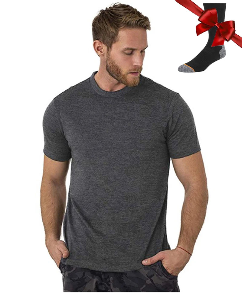 100% Superfine Merino Wool T Shirt Mens Base Layer Shirt Merino Wool Wicking Breathable Quick Dry Anti-Odor +Merino Wool Socks